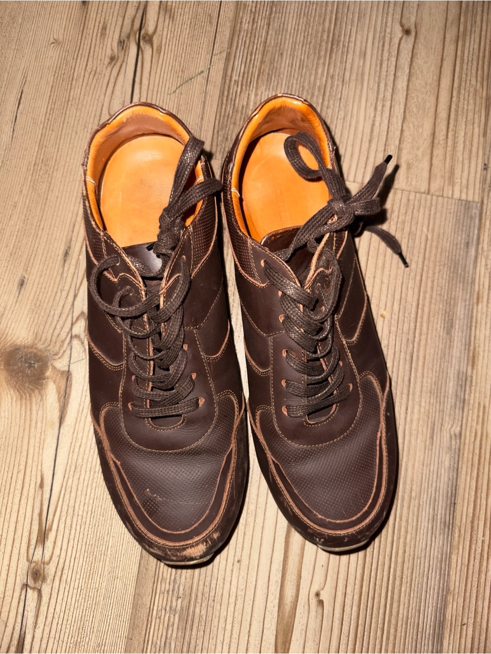 Beckett Simonon Brown Leather Lace-Up Sneakers with Orange Lining
